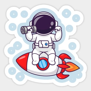 Cute Astronaut Lifting Dumbbell On Rocket Cartoon Sticker